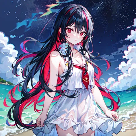 anime girl with long black hair and red and white dress on the beach