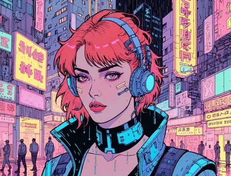 (a girl with a beautiful face), nighttime, cyberpunk city, dark, raining, neon lights , (<lora:deathburgerxl:0.5> josan gonzalez...