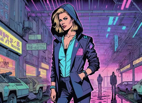 (Julie Bowen), nighttime, cyberpunk city, dark, raining, neon lights ((,Wearing a blazer over a hoodie)), blazer, hoodie, (<lora...