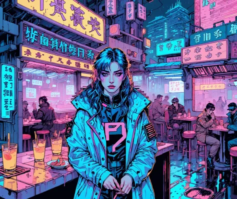 (a girl with a beautiful face, LACI), nighttime, cyberpunk city, dark, raining, neon lights , (<lora:deathburgerxl:0.5> josan go...