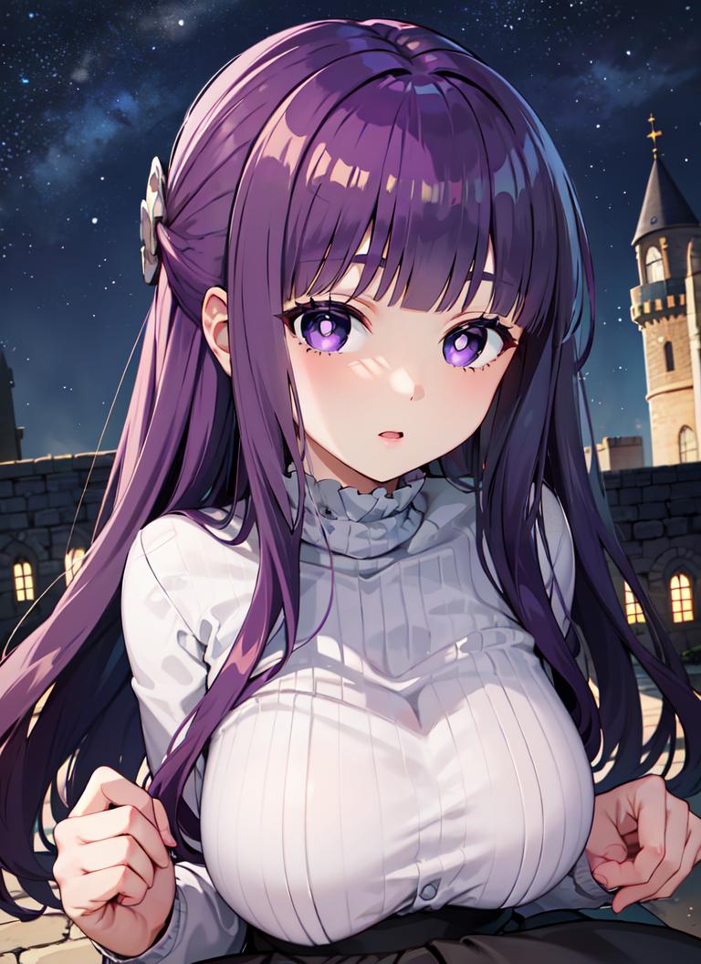 Anime girl with purple hair and white shirt posing in front of a castle -  SeaArt AI