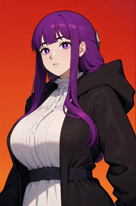 a woman with purple hair and a black jacket is standing