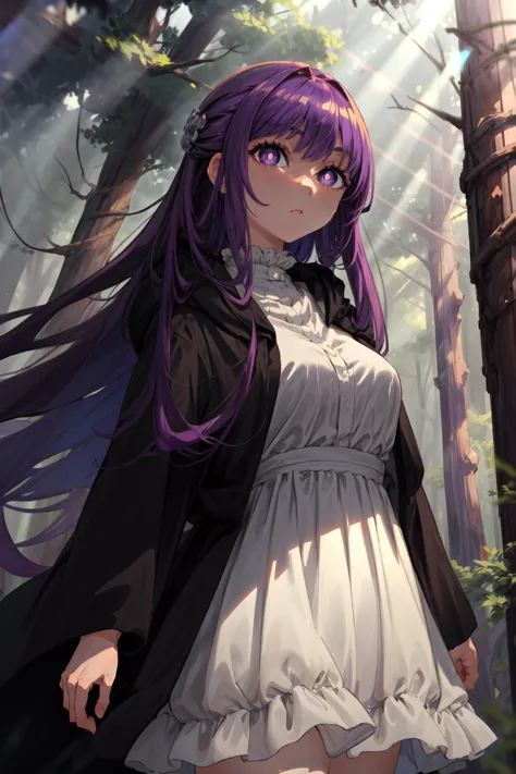 masterpiece,best quality,1girl,FernFrieren,very long hair,purple eyes,(purple pupils),white dress,black robe,expressionless,fore...