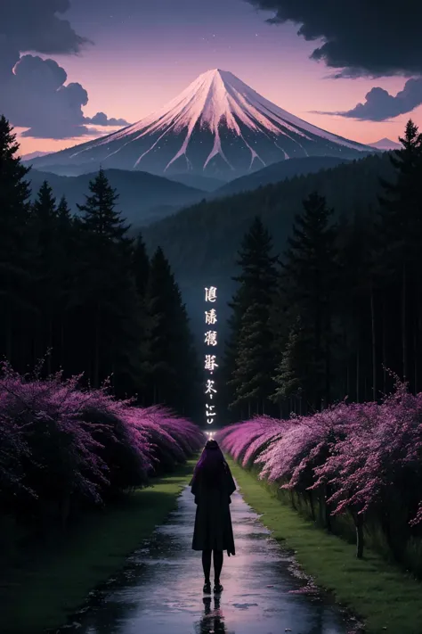 Scif vibes. Otherworldly. Cinematic. Ominous mountain, digital art, inspired by Cyril Rolando, digital art, forest, Japanese temple, beeple and jeremiah ketner, symmetrical digital illustration, realism | beeple, over detailed art, music album art,   <lora:CHAR-Fern:1> FernFrieren, very long hair, purple eyes, (purple pupils)