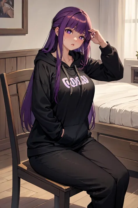 anime girl with purple hair sitting on a bench in a bedroom