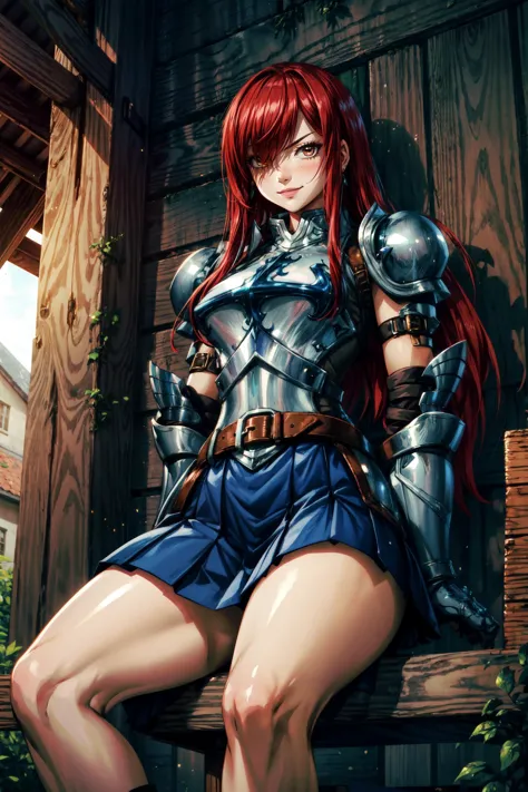 <lora:erza_v1:0.8> fairy tail, 1girl, long hair, red hair, brown eyes, armor, shoulder armor, gauntlets, breastplate, armored dr...