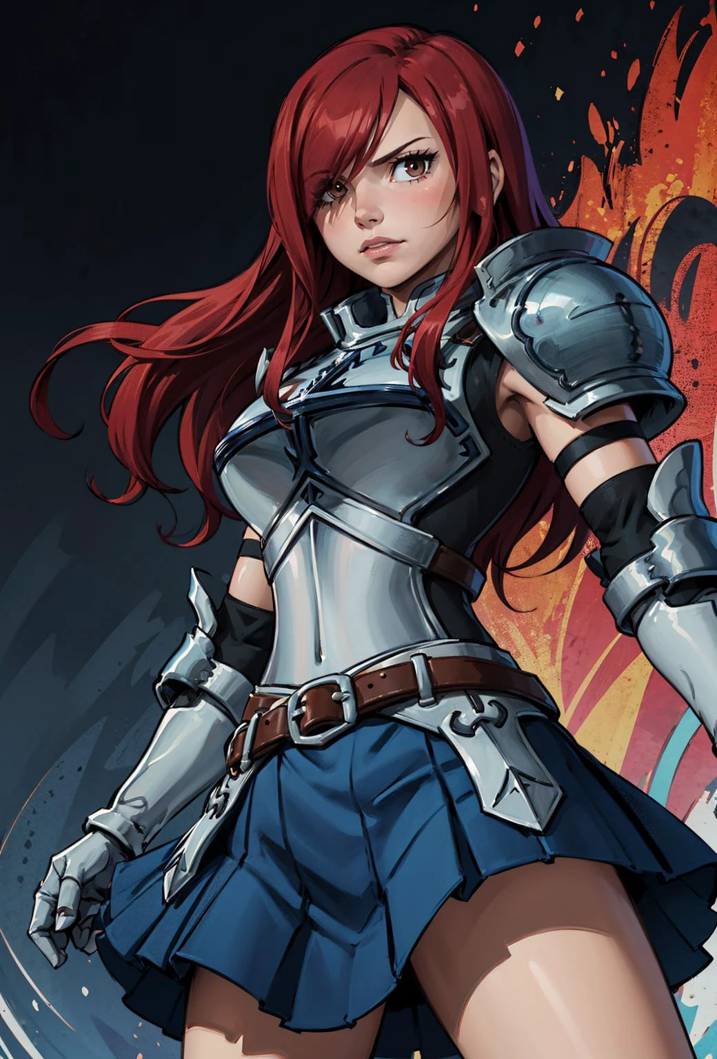 1girl, masterpiece, headshot, beautiful female, from below, 
 fairy tail, 1girl, long hair, red hair, brown eyes, armor, shoulder armor, gauntlets, breastplate, armored dress, belt, pleated skirt, blue skirt, hair over one eye, 
abstract background,