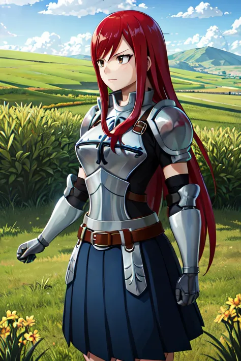 Meisterwerk, beste Qualität, highres, Märchen, 1 Mädchen, lange Haare, Rote Haare, braune Augen, Rüstung, shoulder Rüstung, Stulpen, Brustplatte, Rüstunged dress, belt, Faltenrock, blauer Rock, Feld, grass, Stehen, Cowboy-Schuss,  