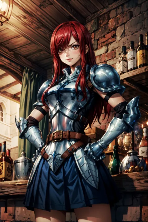 <lora:erza_v1:0.8> fairy tail, 1girl, long hair, red hair, brown eyes, armor, shoulder armor, gauntlets, breastplate, armored dr...