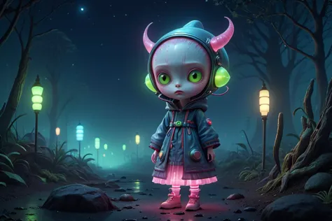 a cartoon character with horns and headphones standing in a forest