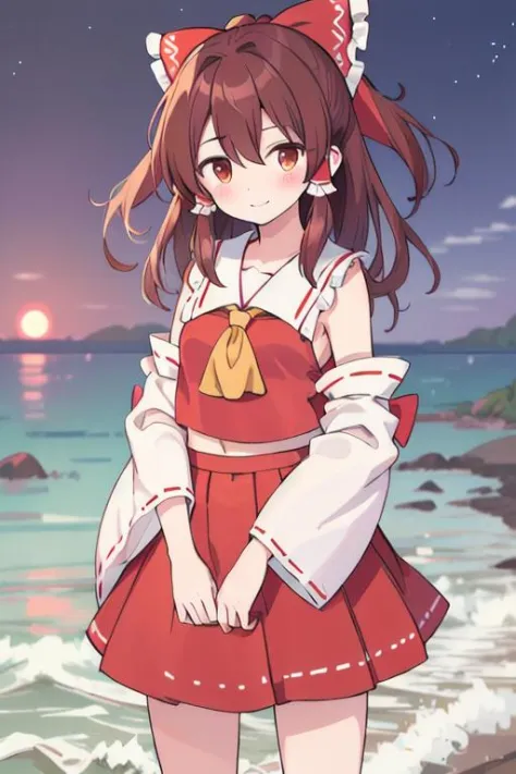 1 garota, hakurei reimu, sorriso, corar, cabelo castanho, Olhos castanhos, Colarinho branco, Camiseta vermelha, saia vermelha, de pé, beira-mar 