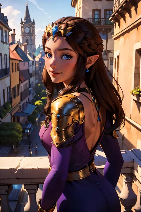 3d render, <lora:owstyle:1>
zelda, brown hair, blue eyes, crown, jewellery, wearing a purple dress, looking back at viewer, smiling, happy, blush,
 from_behind, standing, leaning, outside, castle balcony, small village, blue sky, extreme detail, masterpiece <lora:Zelda_TP_v1:.8>