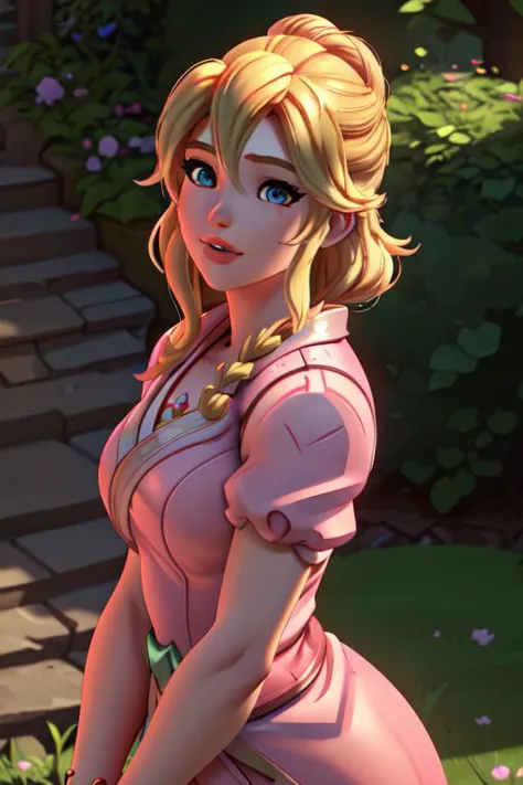 medium shot of 1woman princess peach, blonde hair, pink dress,(eyes looking at viewer:1.0),(smile:0.6),private garden, solo,side lighting,shallow sharp depth of field,(highly detailed),photorealistic, (Masterpiece), (HDR), (8k wallpaper), 
ow4style, <lora:owstyle5:1.2>