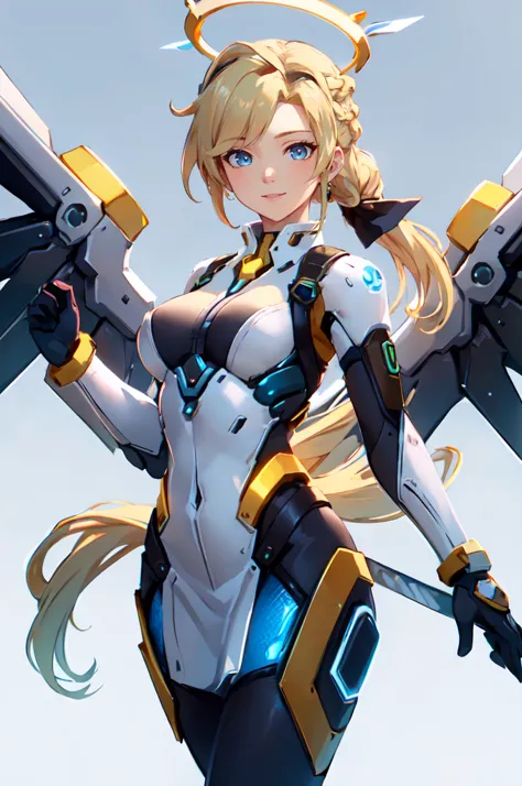 ultra detailed, masterpiece, best quality,
solo, cowboy shot, facing viewer, mercy \(overwatch\) \(cosplay\), mechanical halo, mechanical wings, 
soft smile, light smile,
1girl, blue eyes, very long hair, blonde hair, long blonde hair, french braid, bangs, medium breasts,
hair ribbon, bodysuit, detached sleeves, sleeveless dress,  <lora:owstyle resized:0.9> owstyle,