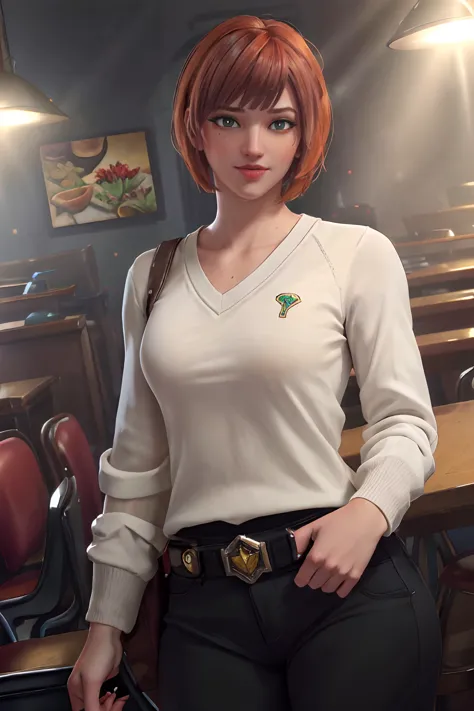 a woman in a white shirt and black pants holding a gun