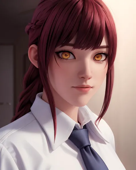 anime girl with red hair and yellow eyes wearing a tie