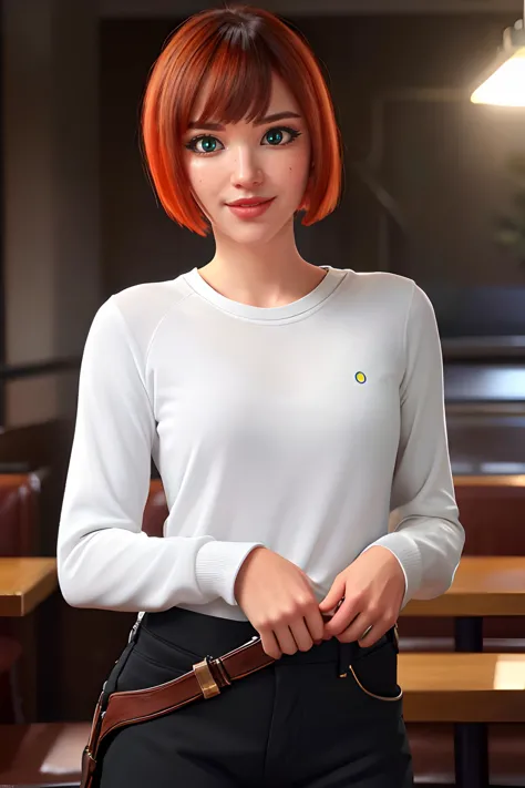 yorumac, <lora:yorumacv2-lora-nochekaiser:1>, yoru mac, short hair, bangs, (black eyes:1.5), blunt bangs, orange hair, bob cut, smile, (bright pupils:1.5), BREAK shirt, long sleeves, pants, sweater, grey pants, BREAK looking at viewer, (cowboy shot:1.5), BREAK indoors, restaurant, BREAK <lyco:GoodHands-beta2:1>, (masterpiece:1.2), best quality, high resolution, unity 8k wallpaper, (illustration:0.8), (beautiful detailed eyes:1.6), extremely detailed face, perfect lighting, extremely detailed CG, (perfect hands, perfect anatomy),<lyco:OWstylev.3:0.5>
 <lyco:yorumacv2-lora-nochekaiser:0.7>