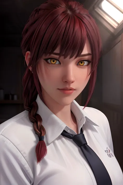 anime girl with red hair and a tie in a room