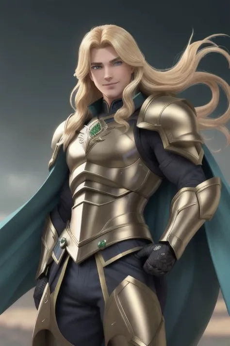 illustration,
full body,
1male,
30 years,
muscular,
tall,
long hair,
blonde hair,
green eyes,
battle armor,
long cape,
royalty,
green metal armor,
fantasty,
mythology,
green and blue colors,
background blue mist,
smiling,
action pose,
looking at viewer,
dynamic light,
ultra detail,
full detail, 
8k best quality,
realistic, 8k, 
micro intricate,
masterpiece,
owstyle