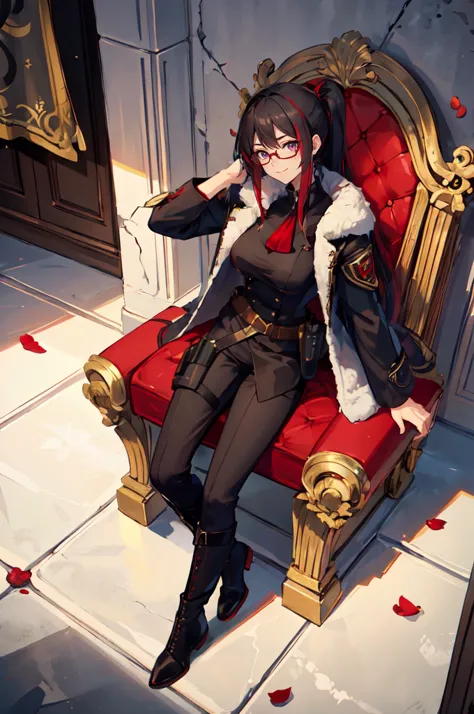 ultra detailed, masterpiece, best quality, throne room, throne, banners, rose petals, mafia, italy, marble \(stone\), sitting, head rest,
solo, cowboy shot, facing viewer,  
<lora:owstyle resized:0.9> owstyle,
smug smile,
1girl, purple eyes, red-framed eyewear, (black hair, red colored tips:1.2), red streaked hair, very long hair, side ponytail, tied hair, medium breasts,
coat on shoulders, red dress, sleeves rolled up, fingerless gloves, holster, belt, multiple belts, combat boots, bulletproof vest, pants, black coat, tactical clothes,