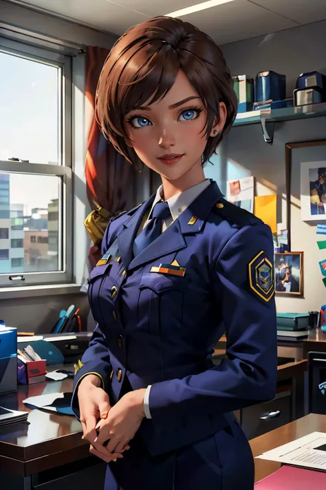 a close up of a woman in uniform standing in an office