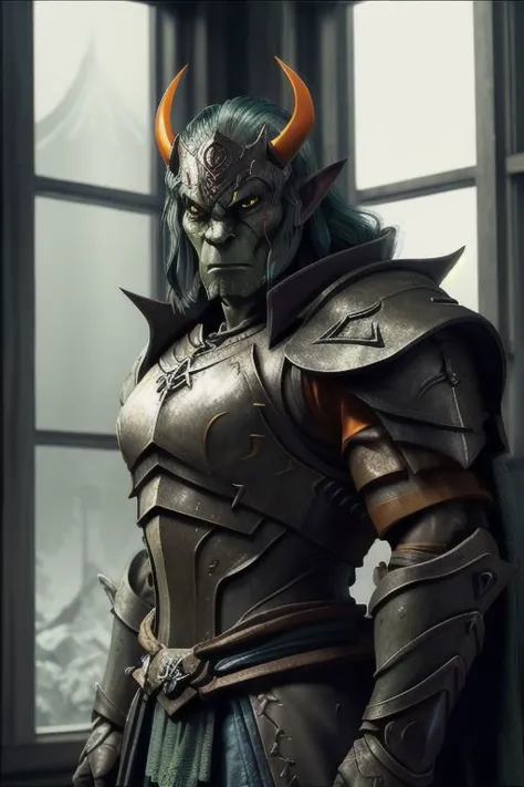 a close up of a person in armor with horns on