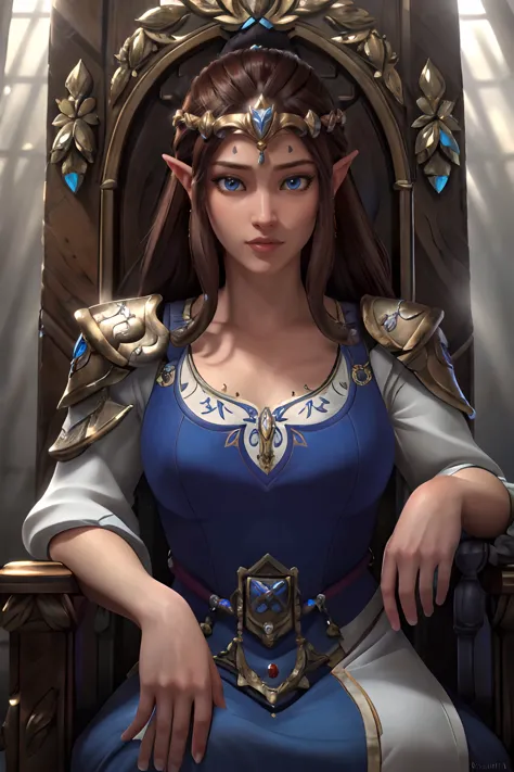 a woman in a blue dress sitting on a throne with a bird on her shoulder