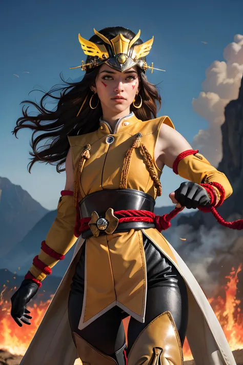 1girl, black hair, yellow eyes, long hair, armor, gloves,(hair ornament:1.3), earrings, red rope,pelvic curtain, sandals, elbow glove,(thigh boots:1.2),(helmet:1.2) ,pants, taiko knot,(facial mark:1.2),forehead mark, Yellow Tail Finger Caps, 8k,masterpiece, best quality,color coordination, border, foot out of frame, fire, sunlight, blurry background, fighting stance, non-circular lens flare, dynamic pose,Depth of field,atmospheric perspective,(cowboy shot:1.2),looking at viewer,<lyco:Kiriko amaterasu3-000007:.5> <lyco:OWstylev.3:0.25>