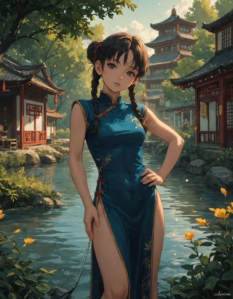 a woman in a blue dress standing next to a river