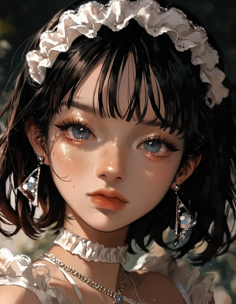 score_9, score_8_up, score_7_up, 1girl , lace headband, lace dress, winged eyeliner, false eyelashes, white glitter eyeshadow, fringe,moles under eyes,  earrings, <lora:jelly_v0.5-pony:.6> , <lora:makeup_master_pony_v2:1> , <lora:MJ52:1>