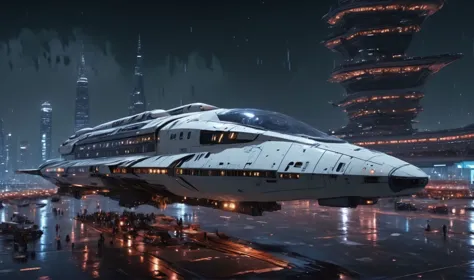 ein riesiges Raumschiff, der Highliner, parkt im Raumhafen vor einer riesigen Megastadt der Zukunft, Zikkurat Skyline im Hintergrund, Neonbeleuchtung, Nacht, Regen, Sterne im Himmel, Raumtransporter Shuttles im Himmel, Menschen im Vordergrund, 8k, ausführlich, realistisch, filmisch, Hohe Auflösung, photorealistisch, scharf, Brutalismus 