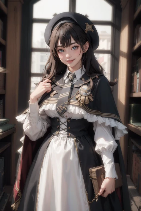 (best quality, ultra detailed), 1girl, solo, cowboy shot, smile, (streaked hair:0.9), cyb dress, collared shirt, long sleeves, necktie, capelet, frills, badge, long dress, beret, magic library,