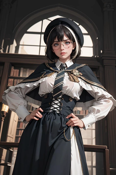 (best quality, ultra detailed), fantasy, 1girl, solo, cowboy shot, from below, dutch angle, looking viewer, pout, scowl, bob, streaked hair, hand on hip, cyb dress, collared shirt, long sleeves, necktie, capelet, frills, badge, long dress, beret, round_glasses, magic library, hazy air, cinematic lighting, depth of field