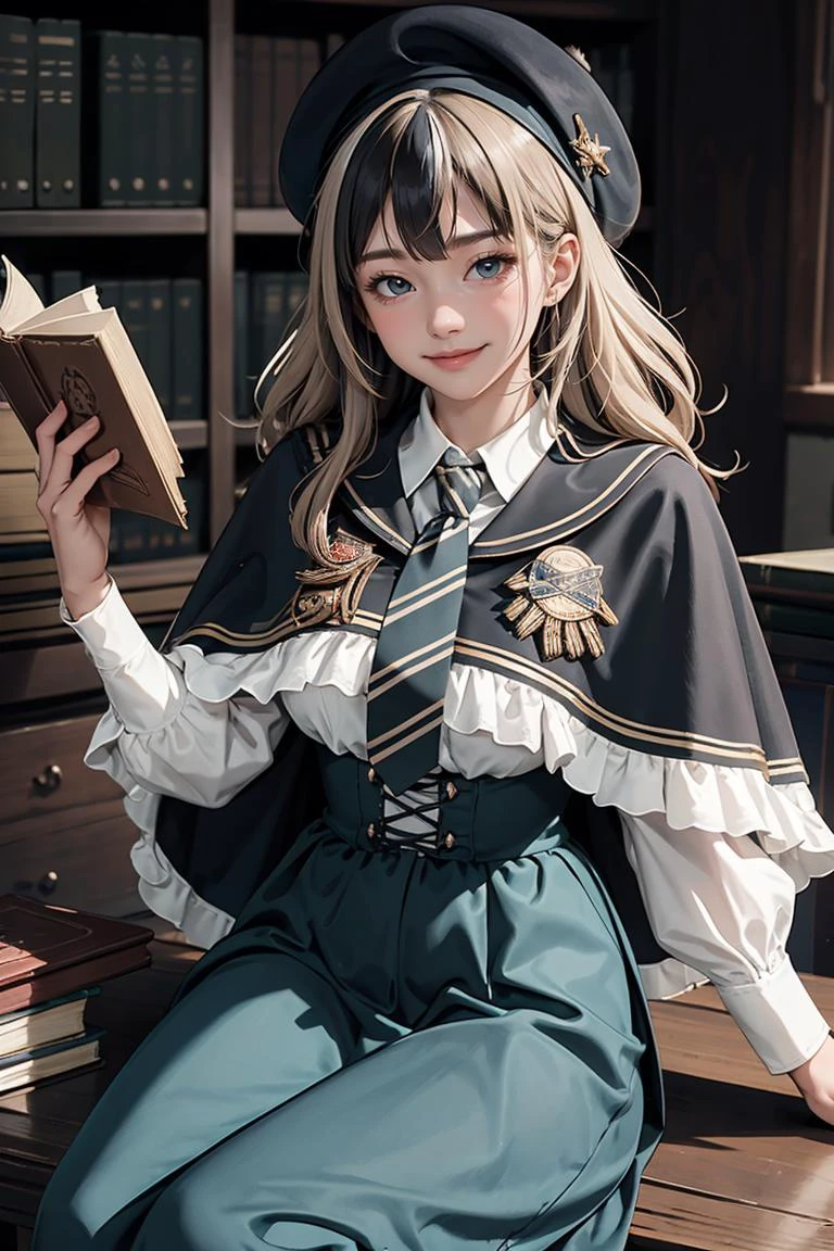(best quality, ultra detailed), 1girl, solo, cowboy shot, smile, (streaked hair:0.9), sitting, cyb dress, collared shirt, long sleeves, necktie, capelet, frills, badge, long dress, beret, magic library,