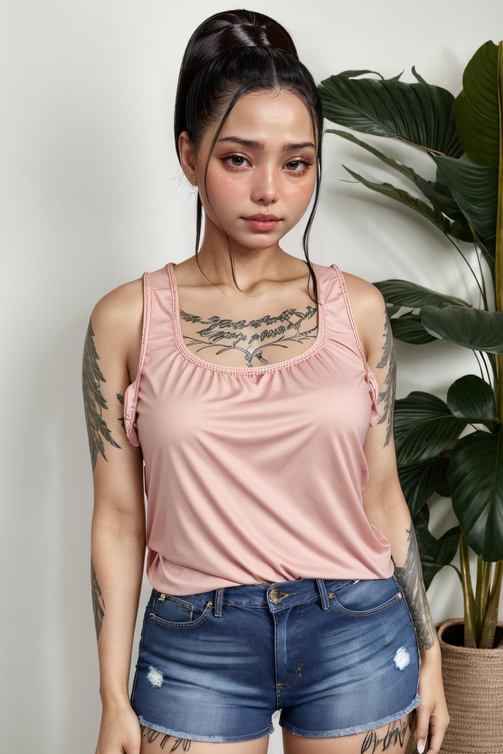 A woman wearing a pink top and denim shorts - SeaArt AI