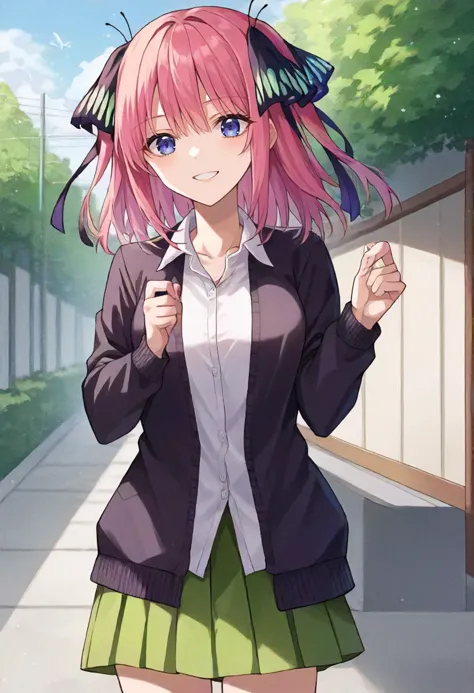 anime girl with pink hair and green skirt walking down a sidewalk