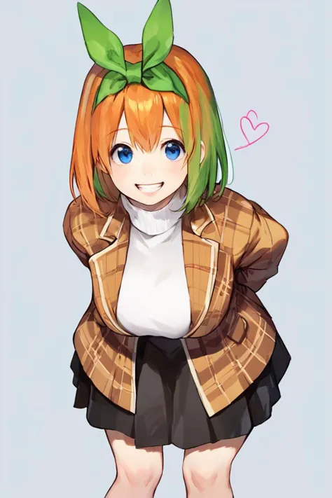 a cartoon girl with a green bow and a plaid jacket