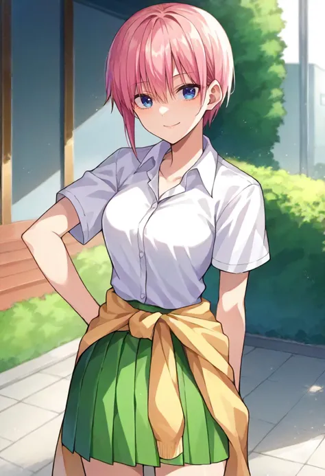 anime girl with pink hair and green skirt standing in front of a building