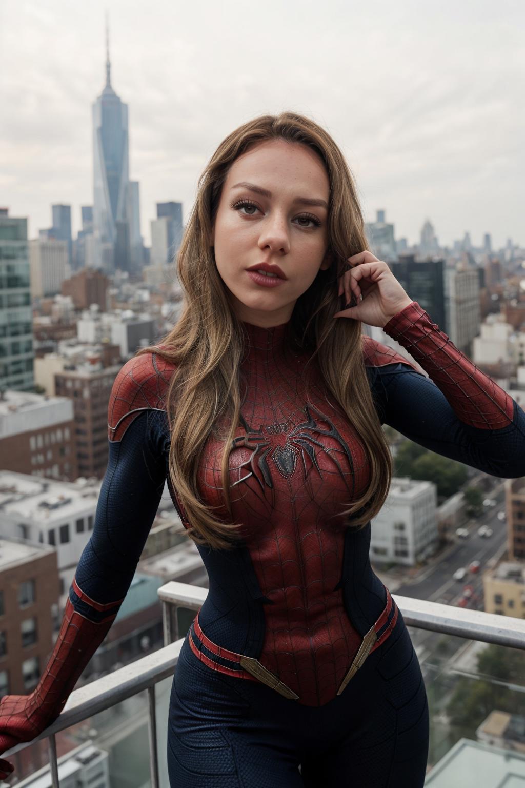 A woman in a spider - man suit poses on a balcony - SeaArt AI