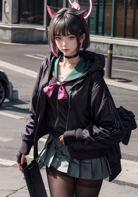 anime girl in a black jacket and skirt walking down the street