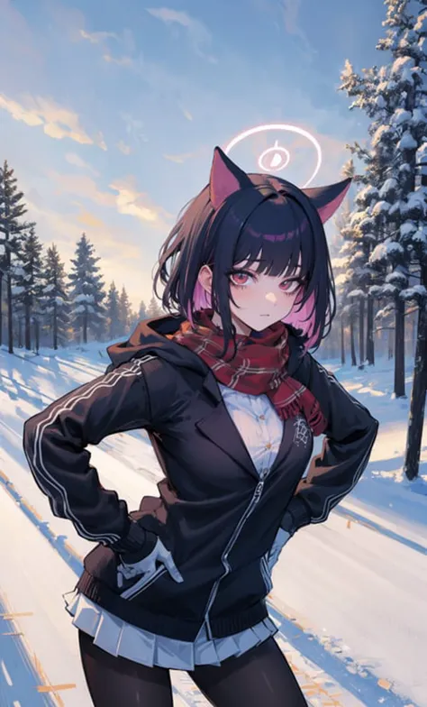 anime girl in winter clothes posing for a picture in the snow