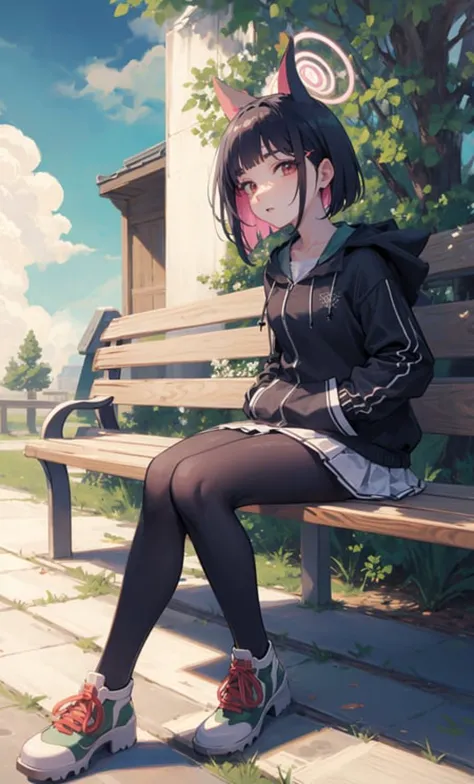 anime girl sitting on a bench with a cat ear on her head