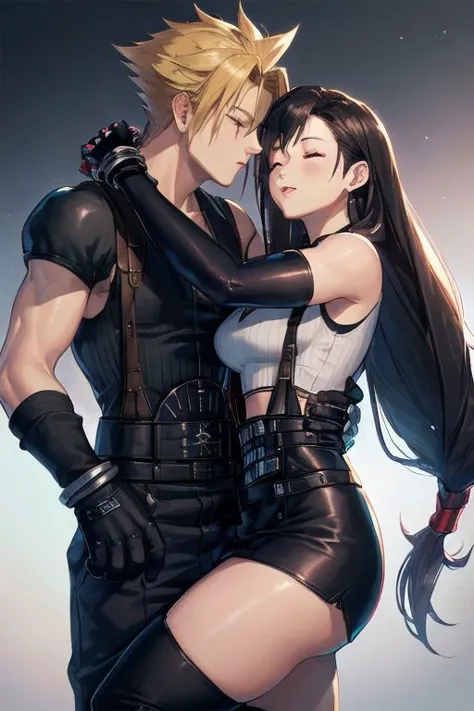 (man kissing woman), (kissingcheek), parted lips, from side, medium breasts, the woman is tifa (defTifa, white crop top, elbow p...
