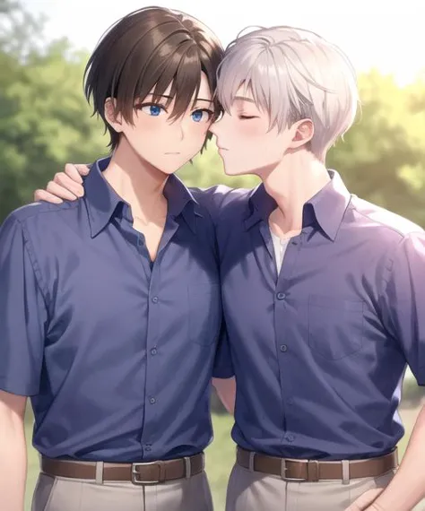 two anime guys are kissing and posing for a picture