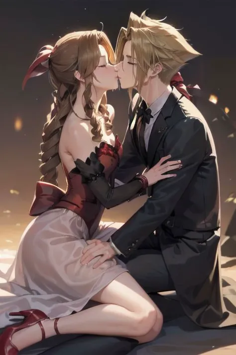 (man kissing woman), (kissingcheek), parted lips, from side, medium breasts, the woman is aerith gainsborough (long brown hair, strapless red and white dress, red heels) BREAK
the man is cloud strife (short blonde spiky hair, wearing a black tuxedo, long sleeve), (eyes closed), close up shot, romantic vibe, sunset background, soft lighting