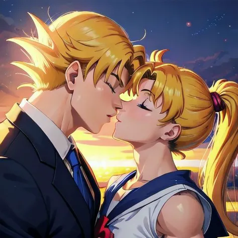 sailor girl and boy kissing in front of a sunset