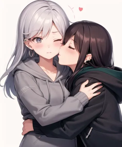 two anime girls kissing each other with a heart in the background