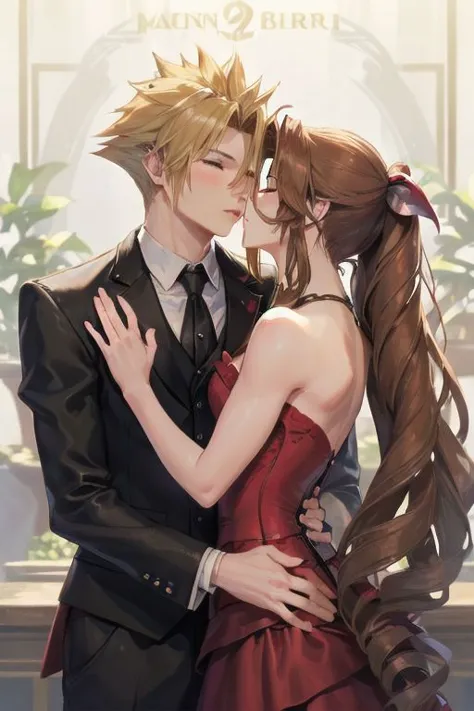 (man kissing woman), (kissingcheek), parted lips, from side, medium breasts, the woman is aerith gainsborough (very long hair, s...