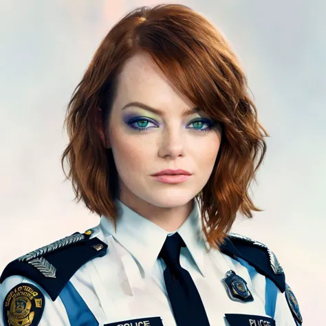 arafed woman in uniform with blue eyes and a tie