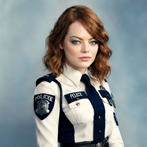 Fantasy-Kunst, Ein digitales Portrait von (Emma Stone) Modellierung einer Polizeiuniform auf weißem Hintergrund, stilisiert, ohwx, ohwx woman, lang, welliges Haar im Boho-Chic-Stil, Halb hoch, Halboffener Look.